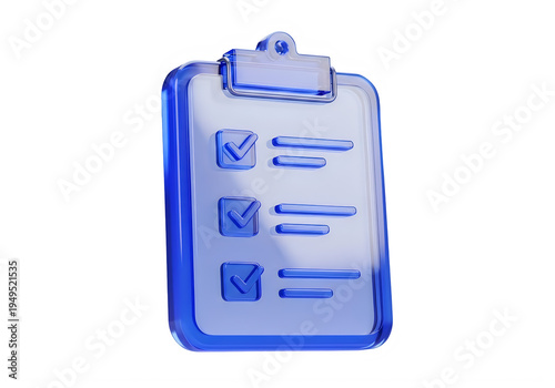 A 3d rendered blue glass clipboard featuring a checklist with three completed task mark symbols