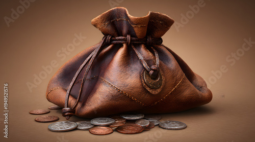 3D stylized semi-real small leather coin pouch tied with string. Slight bulge from coins inside. Solid warm brown background.