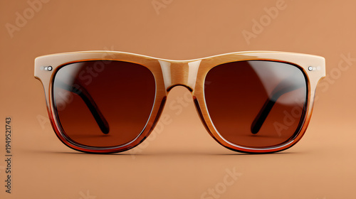 3D stylized semi-real sunglasses with slightly exaggerated frame thickness. Glossy lenses. Solid warm tan background.