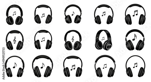 Set of Black Headphones with Musical Notes Icons, Music Concept