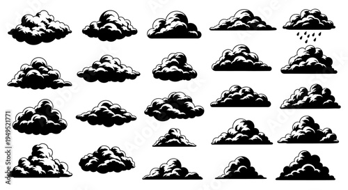 Set of Black Silhouette Clouds Vector Illustrations