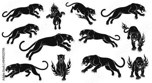 Set of Black Panther Silhouettes in Dynamic Poses, Tattoo Style