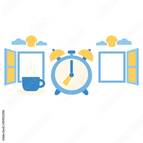 Morning routine with coffee and alarm clock