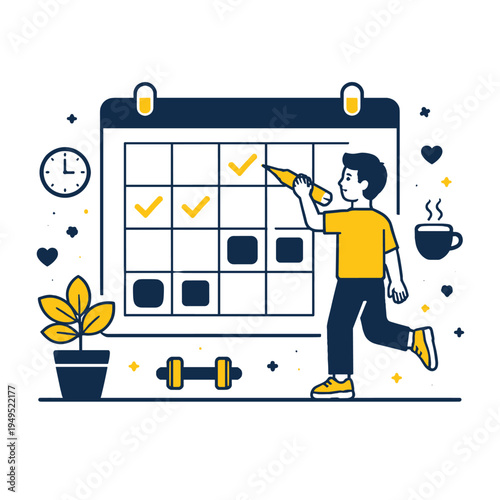 Young man marking tasks on a fitness calendar