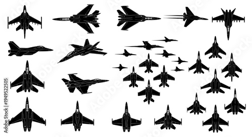 Silhouette Collection of Fighter Jets, Military Aircraft, Air Force Planes