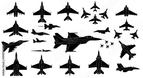 Silhouette Collection of Military Fighter Jets and Airplanes in Flight