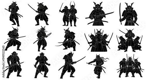 Silhouette Samurai Warriors Collection: Dynamic Poses, Japanese Bushido Art