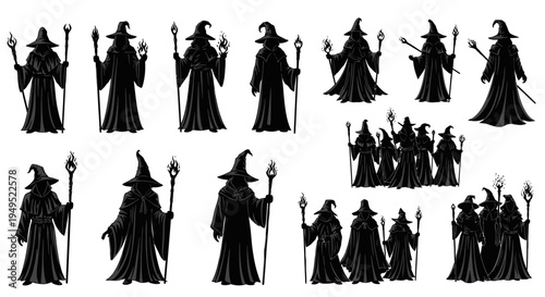 Silhouette Wizards Collection: Mystical Figures with Staffs and Magic
