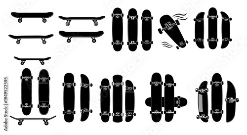 Skateboard Collection: Diverse Designs and Angles - Black and White Vector Graphics