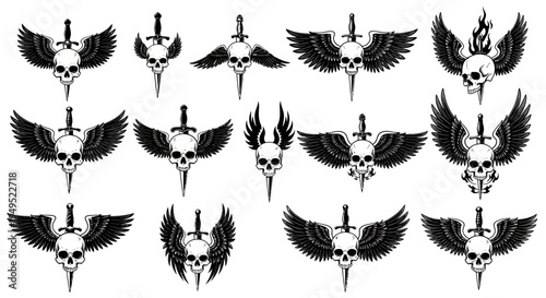 Skull with Wings and Swords Vector Set: Gothic, Tattoo, and Emblem Designs