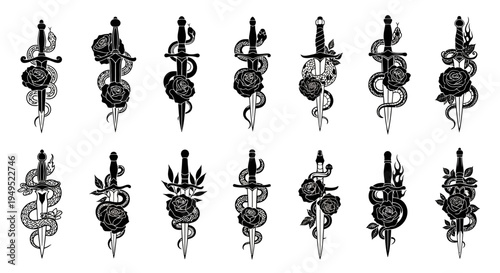 Snake and Dagger Tattoo Designs: Black and White Vector Illustrations