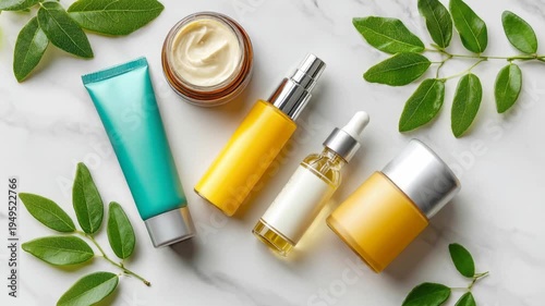 Natural skincare products on marble with green leaves: bottles, tubes, and creams highlighting organic beauty
