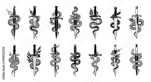 Snake and Dagger Tattoo Designs: Vintage Style Serpent and Blade Illustrations