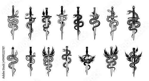 Snake and Sword Tattoo Designs: Vintage Engraving Style Illustrations
