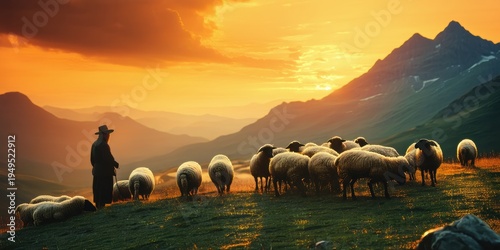 Shepherd watches sheep grazing hills during sunset. Warm light illuminates landscape, creating peaceful scene. Mountains visible distance.