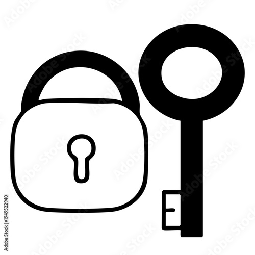 This is a black and white illustration of a padlock and key. The padlock is on the left side of the image and the key is on the right side. The padlock has a keyhole in the center and the key