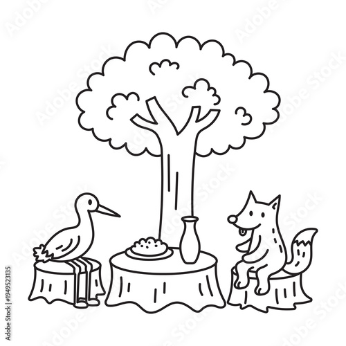 Aesop’s fable The Fox and the Stork vector illustration. Fairy tale line art doodle, perfect for children’s stories and educational use. Cute and simple fairy tale illustration.