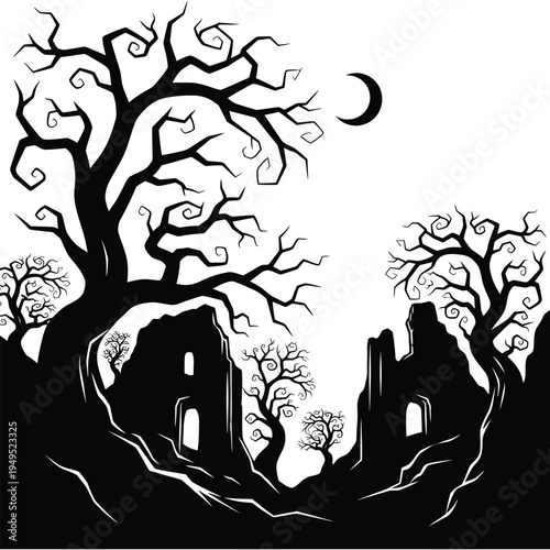 Black silhouette of bare trees.