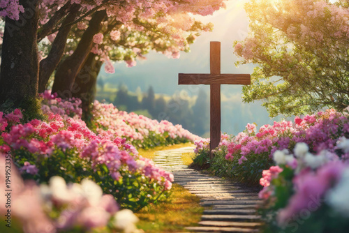 Wooden cross at end of flower pathway symbolizing joyful hope and spiritual journey during Laetare Sunday in Lent.