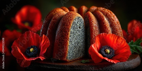 Bundt cake with red poppies moody still life