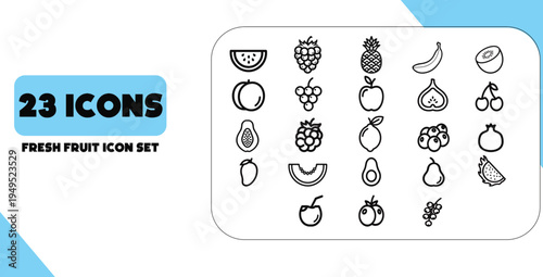 23 Fresh Fruit Icon Set, Bold Line Style, Minimalist Organic Food Vector Pack, Thick Stroke UI Elements.
