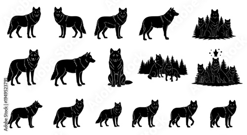 Wolf Pack Silhouette Collection: Wild Animals in Forest Scenes