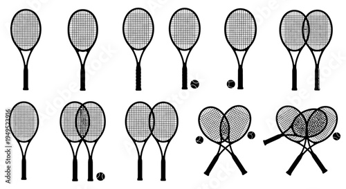 Tennis Rackets and Balls Collection: Vintage Line Art Illustrations