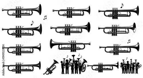 Trumpet Collection: Brass Instruments, Musicians, and Musical Notes Silhouettes