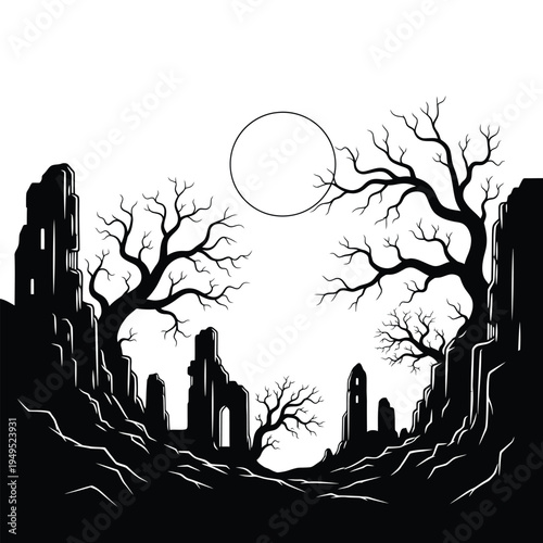 Black silhouette of dead trees standing.