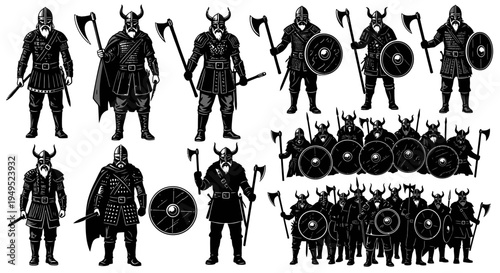 Viking Warriors Collection: Warriors with Axes, Shields, and Helmets - Vector Illustration
