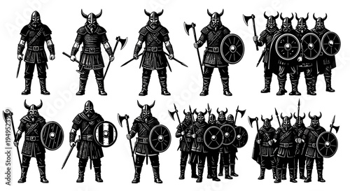 Viking Warriors Group Illustration, Medieval Battle Ready Soldiers with Axes and Shields