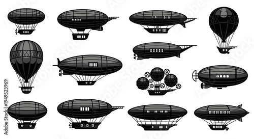Vintage Airships Collection: Steampunk Blimps and Zeppelins, Retro Aviation Graphics