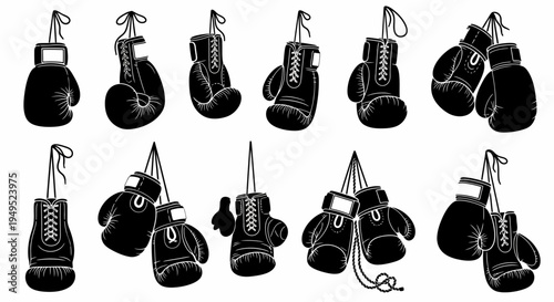 Vintage Boxing Gloves Collection: Black Leather Punching Mitts Hanging on White Background