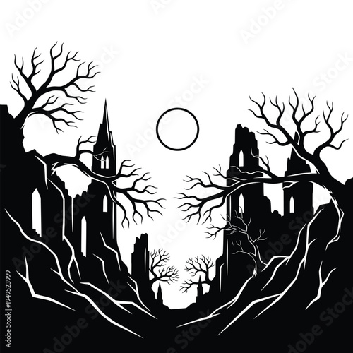 Dark Gothic Castle Ruins Silhouette Landscape.