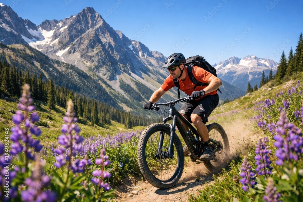 Fototapeta premium Mountain Biker Riding Trail Through Alpine Flowers