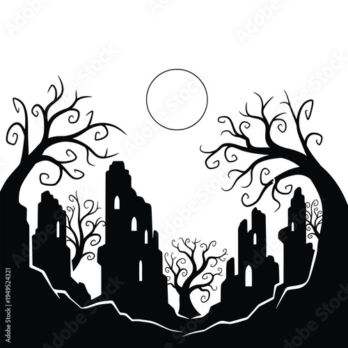 Black silhouette of old castle ruins.