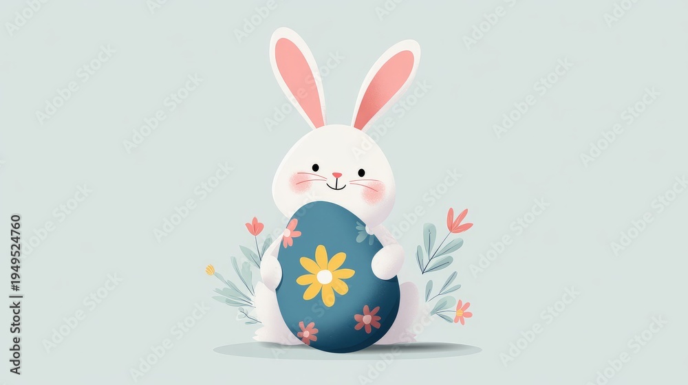 Fototapeta premium Cute white bunny holding decorative blue patterned egg. Easter holiday illustration with flowers. Pastel character design for festive greeting card decoration or celebration concept.