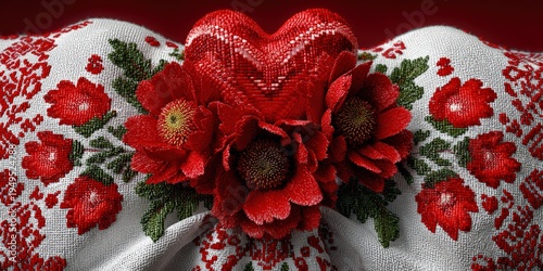 Folk embroidered bracelet with red flowers and tree of life on red fabric