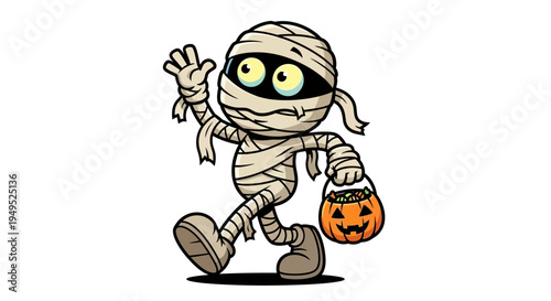Cartoon Mummy Character Holding Pumpkin.