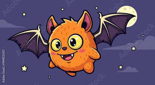 Cartoon orange bat flying smiling.