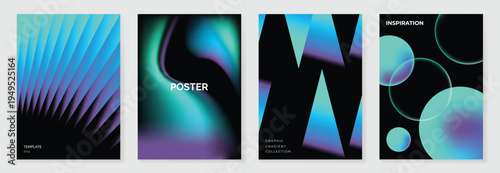 Abstract neon gradient poster vector set. Turquoise glow, black waves, and geometric accents for cover, banner, wallpaper, and futuristic design.