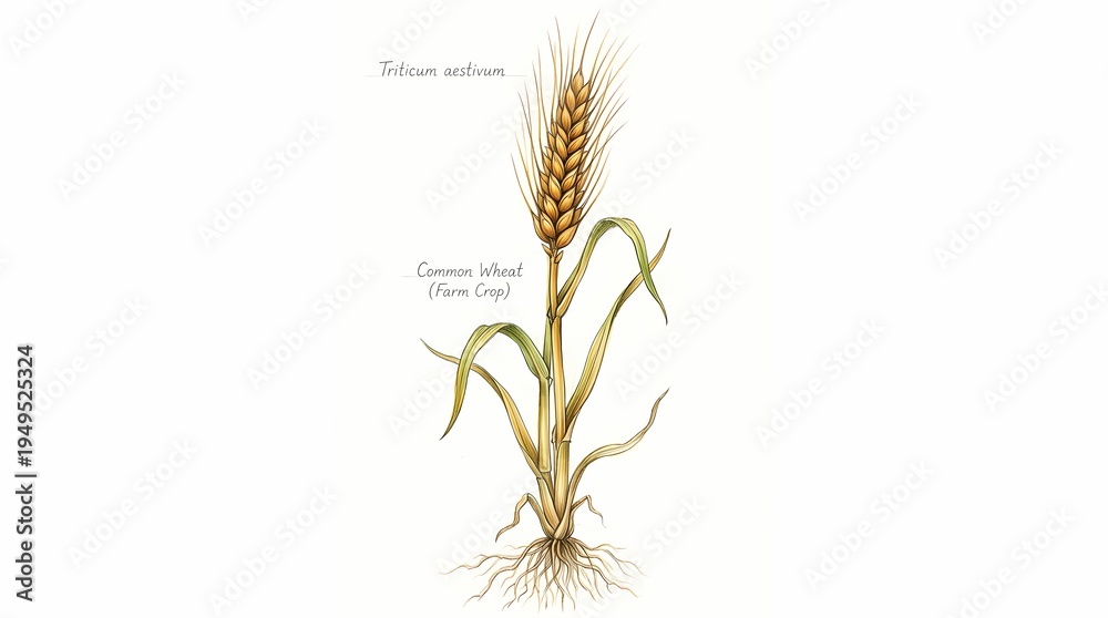 Obraz premium Botanical illustration of a single wheat stalk with roots and leaves, showcasing the detailed structure of the plant in a sketch style