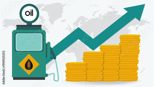 Rising oil prices concept with fuel pump, upward arrow and growing coin stacks global energy inflation illustration