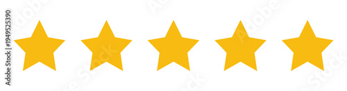 Five golden stars in a row, classic 5-star rating icon for customer feedback and quality. Perfect score.