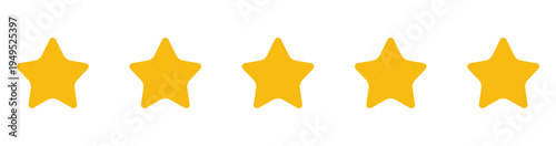 Five rounded golden stars for rating and review, isolated on white background. Soft style 5-star icon.