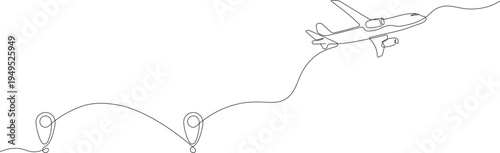 Airplane paths and points in the image form a single continuous line. The concept of global travel business and international airlines with roads in a simple linear style. Doodle illustration