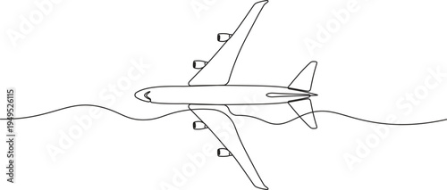 One Continuous Line Airplane Travel Route - Global Airline Flight Path and Business Travel Concept, Simple Linear Contour Vector Illustration