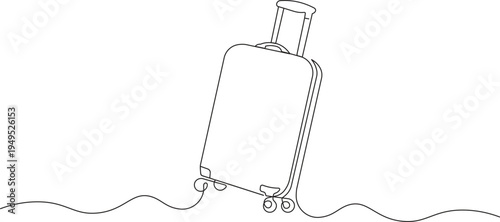 Continuous one line drawing of rolling travel suitcase with wheels and travel path line, minimalist tourism concept illustration