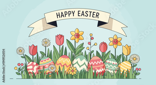 Happy Easter banner with colorful decorated eggs and spring flowers in grass