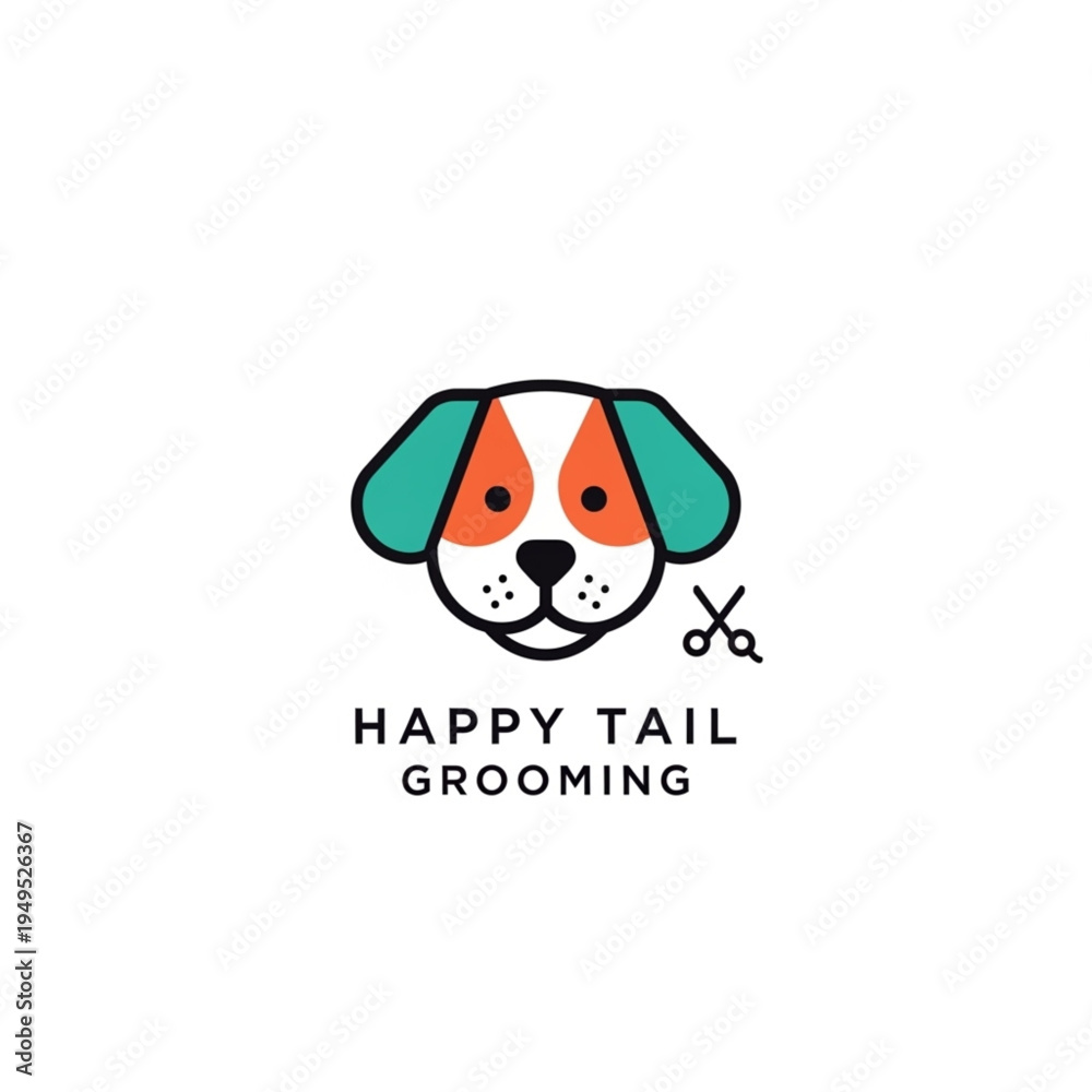 Obraz premium Cute cartoon dog head logo with scissors icon for pet grooming business concept on white background